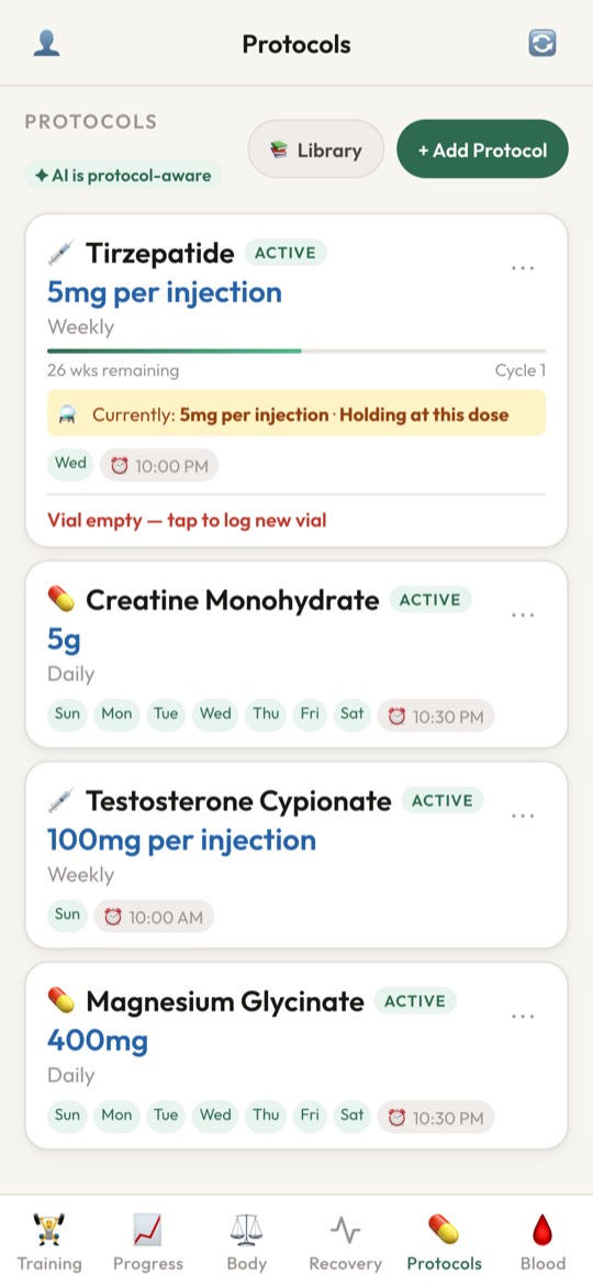 Protocols screen: active compounds with dose, schedule, reminder time and vial tracking